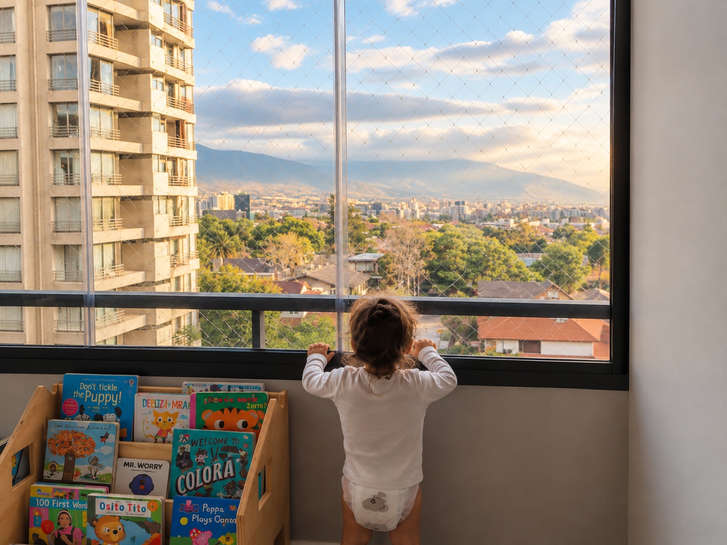 Niño pequeño asomado a una ventana protegida con malla de seguridad